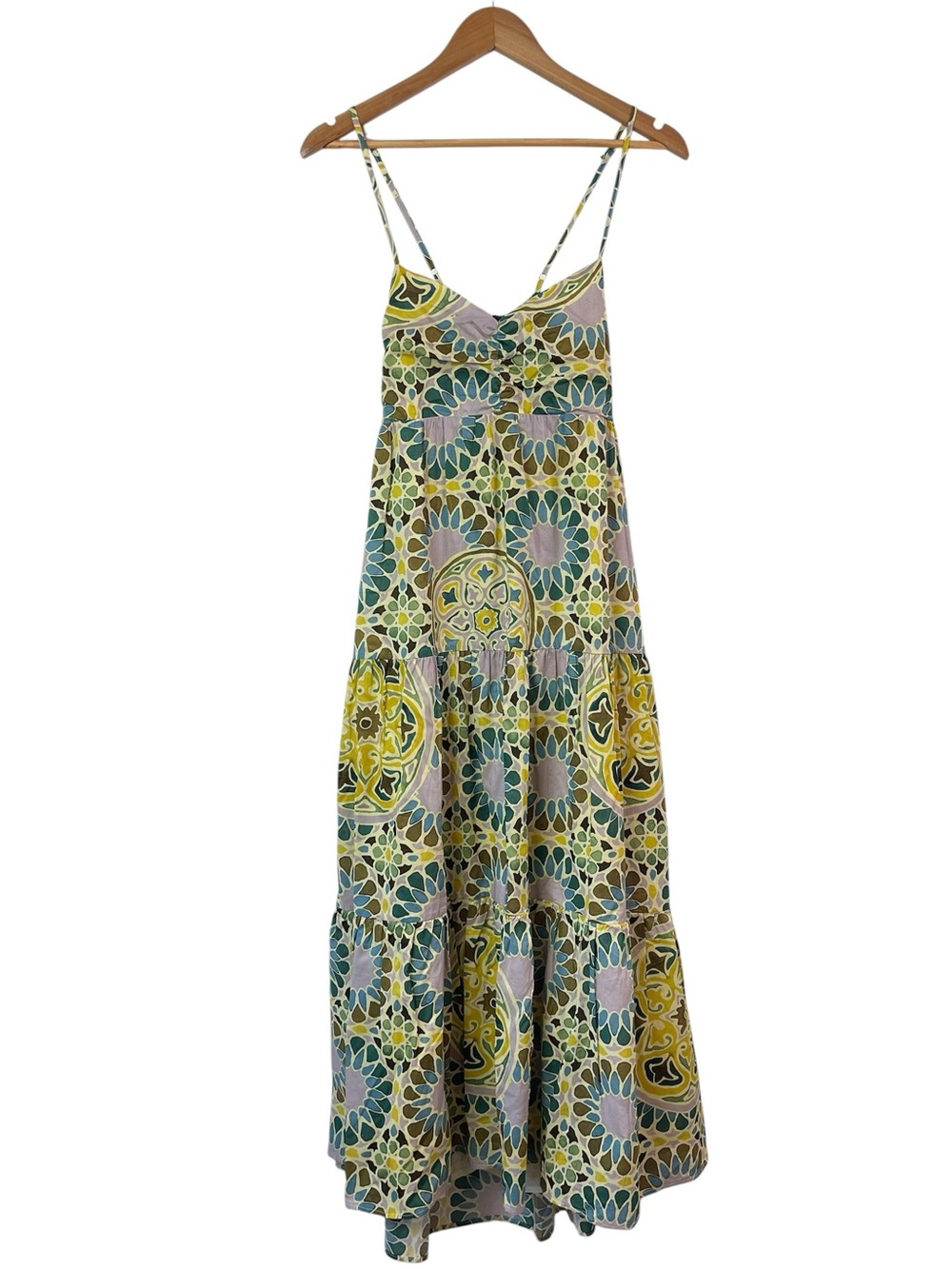 NWT Dress Forum Mosaic Printed Spaghetti Strap Tie Back Tiered Midi Dress Large
